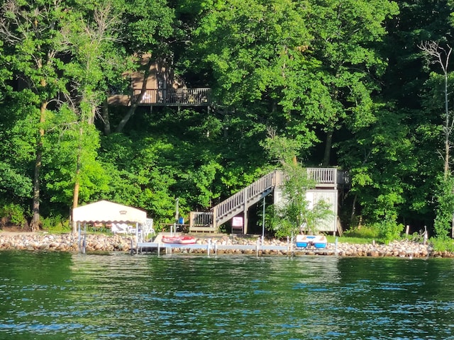 37791 Mallard Loop, Edna Twp, MN 56573 - water view featuring a dock and stairway