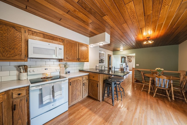 42174 Bur Oak Hills Loop, Pelican Twp, MN 56572 - kitchen with white appliances, wood ceiling, a peninsula, brown cabinetry, and backsplash