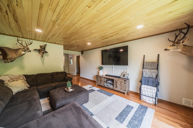 42174 Bur Oak Hills Loop, Pelican Twp, MN 56572 - living room featuring wooden ceiling, wood finished floors, recessed lighting, and baseboards