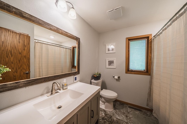42174 Bur Oak Hills Loop, Pelican Twp, MN 56572 - bathroom with vanity, toilet, baseboards, and a shower with shower curtain