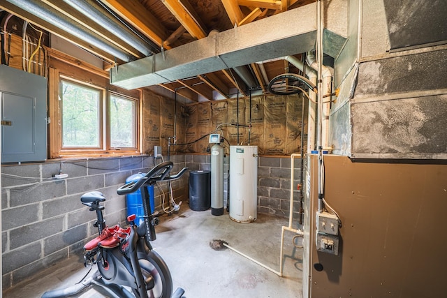 42174 Bur Oak Hills Loop, Pelican Twp, MN 56572 - below grade area with electric panel, water heater, heating unit, concrete block wall, and a water softener system