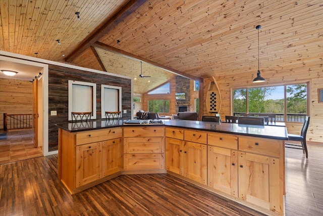 32305 Little E Lake Rd, Bigfork, MN 56628 - kitchen with high vaulted ceiling, wooden walls, light brown cabinetry, dark countertops, and dark wood-type flooring