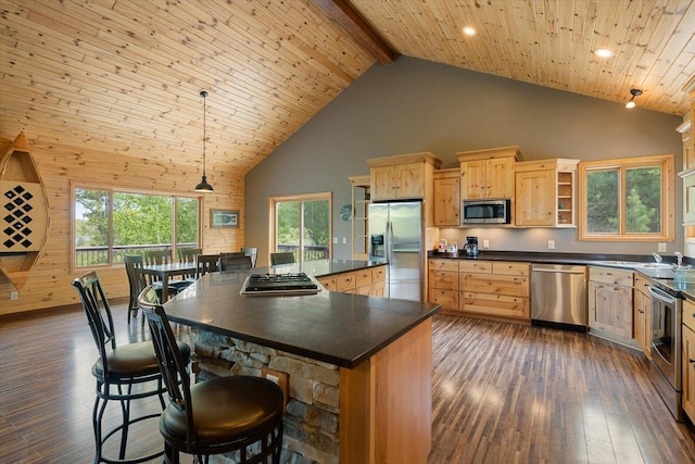32305 Little E Lake Rd, Bigfork, MN 56628 - kitchen featuring stainless steel appliances, dark countertops, high vaulted ceiling, light brown cabinets, and dark wood-style flooring