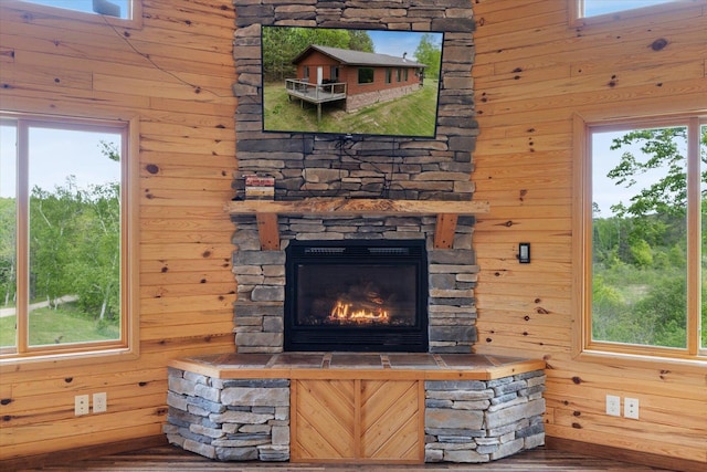 32305 Little E Lake Rd, Bigfork, MN 56628 - detailed view of wood walls, wood finished floors, and a stone fireplace