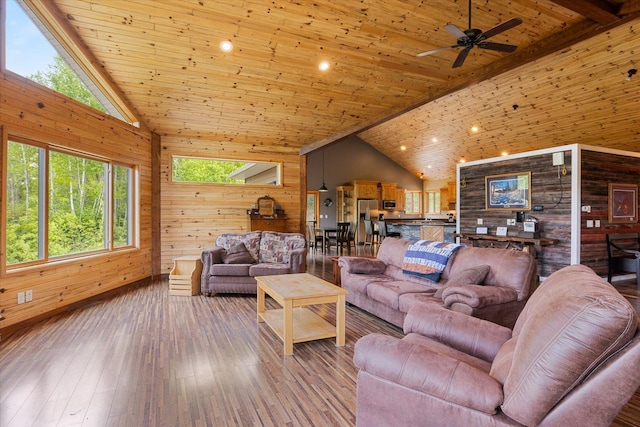 32305 Little E Lake Rd, Bigfork, MN 56628 - living area featuring wood walls, wood ceiling, ceiling fan, high vaulted ceiling, and hardwood / wood-style floors