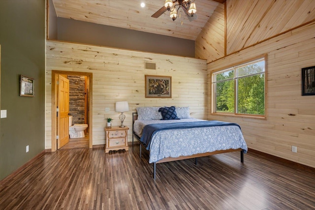 32305 Little E Lake Rd, Bigfork, MN 56628 - bedroom with wooden walls, baseboards, wood ceiling, high vaulted ceiling, and wood finished floors