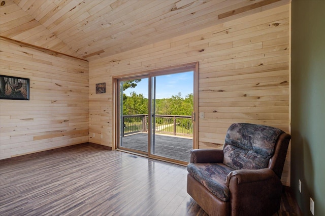 32305 Little E Lake Rd, Bigfork, MN 56628 - living area with wood walls, wooden ceiling, and wood finished floors