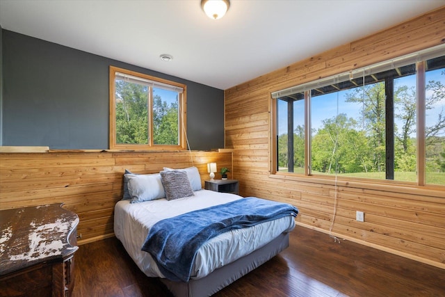 32305 Little E Lake Rd, Bigfork, MN 56628 - bedroom with multiple windows, wooden walls, and dark wood-style floors