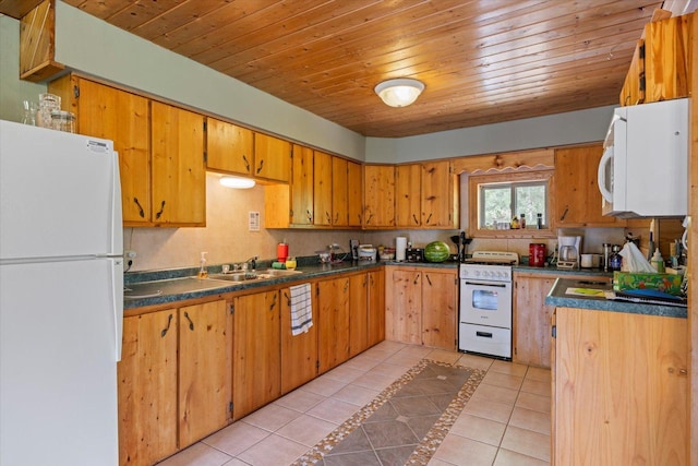 32305 Little E Lake Rd, Bigfork, MN 56628 - kitchen featuring white appliances, light tile patterned flooring, dark countertops, and wood ceiling