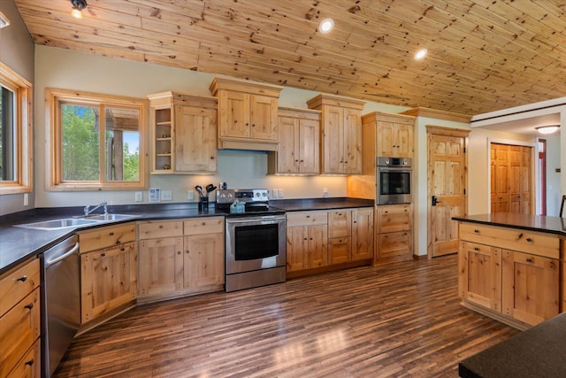 32305 Little E Lake Rd, Bigfork, MN 56628 - kitchen featuring stainless steel appliances, dark countertops, wooden ceiling, dark wood-style flooring, and recessed lighting