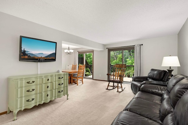 4839 Spring Cir, Minnetonka, MN 55345 - living room featuring light colored carpet, a chandelier, and a textured ceiling