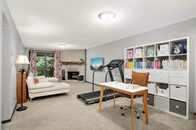 4839 Spring Cir, Minnetonka, MN 55345 - office area featuring carpet, a brick fireplace, and a textured ceiling