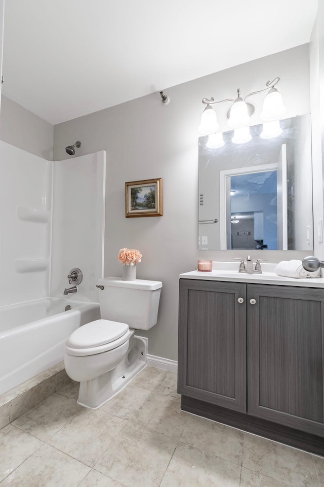 433 7th St Unit 2317, Minneapolis, MN 55415 - bathroom featuring toilet, vanity, bathing tub / shower combination, baseboards, and tile patterned floors