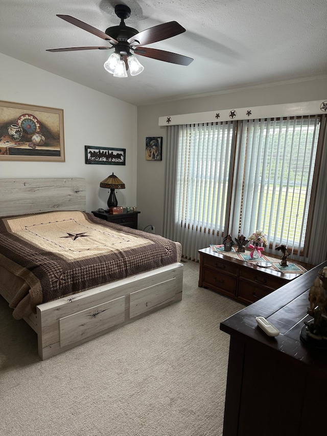 21250 Farm View Dr, Park Rapids, MN 56470 - bedroom with carpet flooring, multiple windows, ceiling fan, a textured ceiling, and vaulted ceiling
