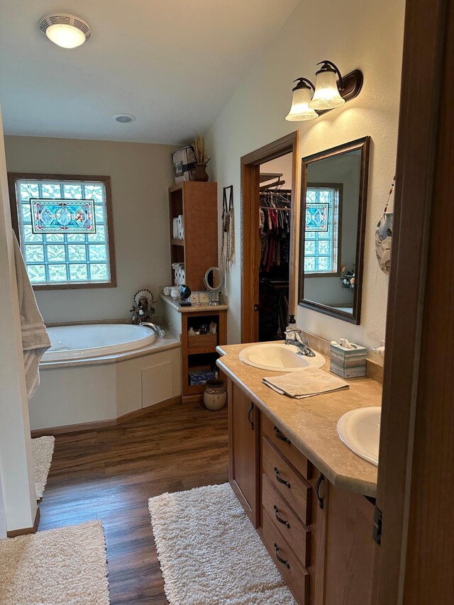 21250 Farm View Dr, Park Rapids, MN 56470 - bathroom featuring wood finished floors, a garden tub, double vanity, and a spacious closet