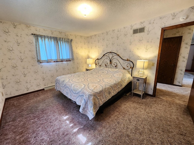 25 3rd Ave NE, Plainview, MN 55964 - bedroom featuring wallpapered walls, a textured ceiling, baseboard heating, and carpet flooring