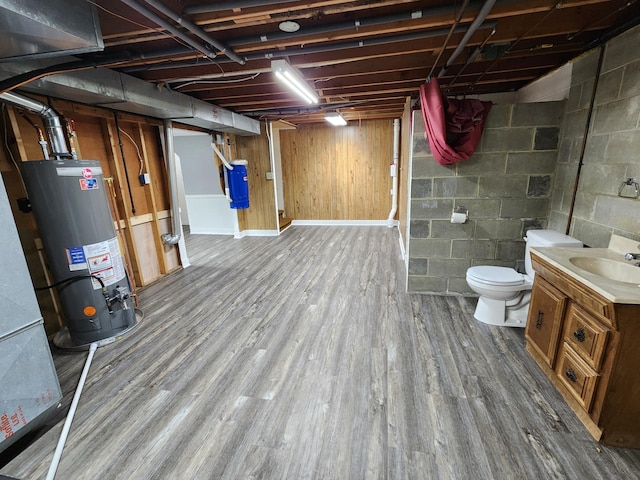 25 3rd Ave NE, Plainview, MN 55964 - unfinished basement with gas water heater, a sink, wood finished floors, and concrete block wall