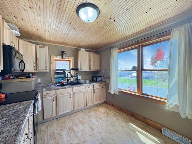 20 1st St, Luck, WI 54853 - kitchen with a sink, black microwave, range with electric cooktop, light brown cabinets, and light wood-style flooring