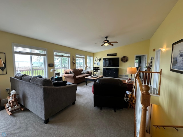 44556 Mcgowan Estates Rd, Rush Lake Twp, MN 56571 - carpeted living area featuring lofted ceiling and a ceiling fan