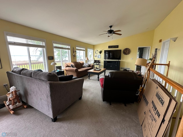 44556 Mcgowan Estates Rd, Rush Lake Twp, MN 56571 - living room with carpet, a ceiling fan, and vaulted ceiling