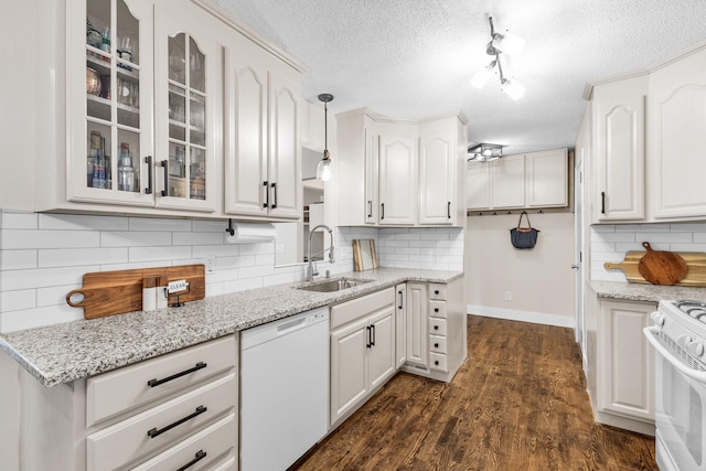 15350 Drexel Way, Apple Valley, MN 55124 - kitchen with white appliances, glass insert cabinets, a textured ceiling, white cabinets, and dark wood finished floors