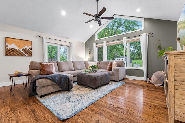 15350 Drexel Way, Apple Valley, MN 55124 - living area with a ceiling fan, plenty of natural light, recessed lighting, wood finished floors, and high vaulted ceiling