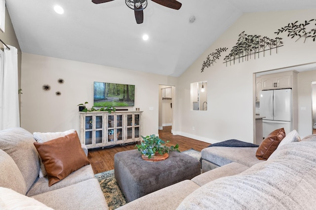 15350 Drexel Way, Apple Valley, MN 55124 - living room with a ceiling fan, high vaulted ceiling, wood finished floors, and recessed lighting