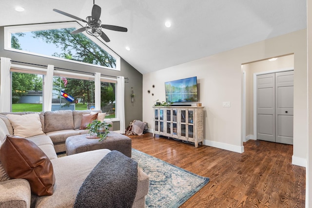 15350 Drexel Way, Apple Valley, MN 55124 - living area with a ceiling fan, high vaulted ceiling, wood finished floors, and recessed lighting