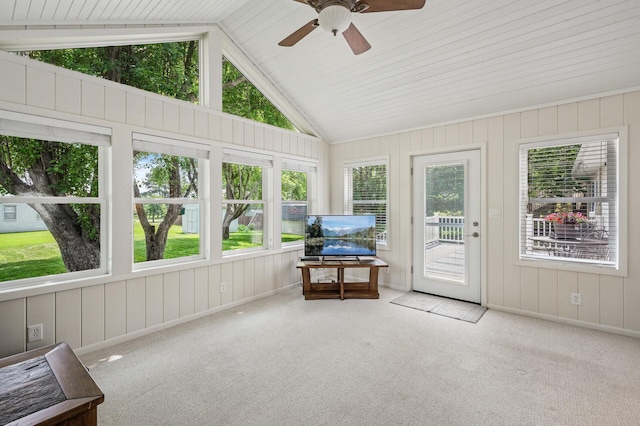 611 Sumter Ave S, Golden Valley, MN 55426 - sunroom featuring ceiling fan, lofted ceiling, carpet flooring, and wooden walls