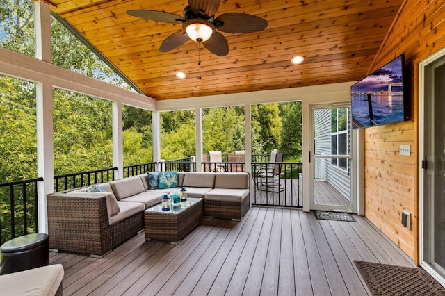 8607 Portage Ln E, Shakopee, MN 55379 - sunroom / solarium featuring lofted ceiling, an outdoor living space, and a ceiling fan