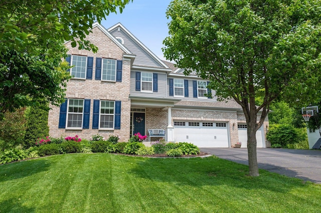 8607 Portage Ln E, Shakopee, MN 55379 - view of front facade featuring driveway, a front lawn, an attached garage, and brick siding