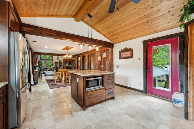 9590 Woodhill Blvd, New Market Twp, MN 55044 - kitchen featuring appliances with stainless steel finishes, light stone counters, wooden ceiling, ceiling fan, and pendant lighting