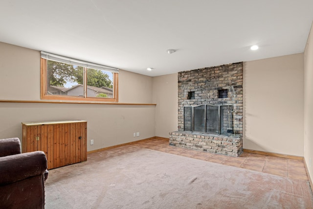5421 Church Rd, Mound, MN 55364 - unfurnished living room featuring a brick fireplace, carpet, baseboards, and tile patterned flooring