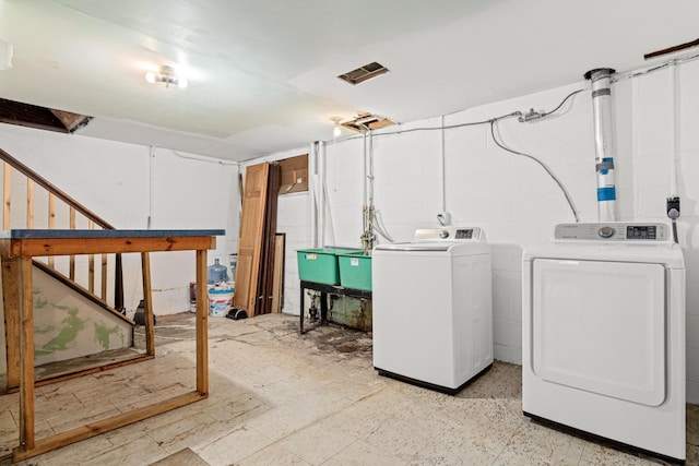 5421 Church Rd, Mound, MN 55364 - unfinished basement with independent washer and dryer, stairway, and concrete block wall