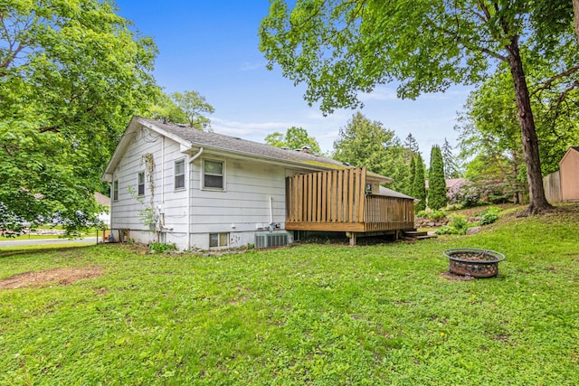 5421 Church Rd, Mound, MN 55364 - rear view of property with a wooden deck, a yard, an outdoor fire pit, and central AC unit