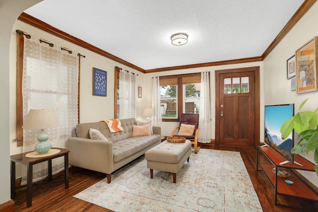 246 Griggs St S, Saint Paul, MN 55105 - living room with wood finished floors, ornamental molding, arched walkways, and a textured ceiling
