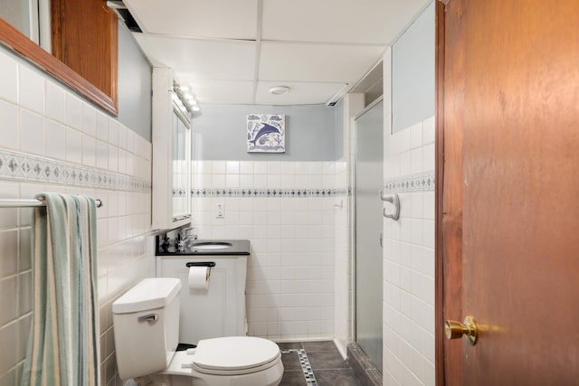 246 Griggs St S, Saint Paul, MN 55105 - full bath with tile walls, a stall shower, vanity, and tile patterned floors