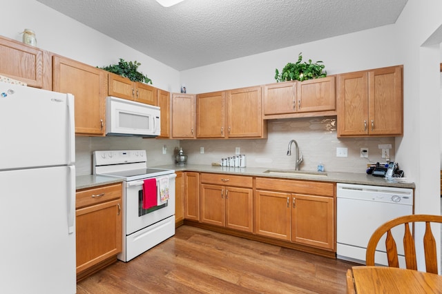 1880 3rd Ave NW Unit 202, Rochester, MN 55901 - kitchen with white appliances, a sink, light wood-style flooring, light countertops, and decorative backsplash