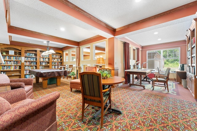 1880 3rd Ave NW Unit 202, Rochester, MN 55901 - playroom with crown molding, beamed ceiling, carpet floors, a textured ceiling, and recessed lighting