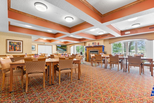 1880 3rd Ave NW Unit 202, Rochester, MN 55901 - carpeted dining area featuring coffered ceiling, crown molding, beamed ceiling, and a textured ceiling