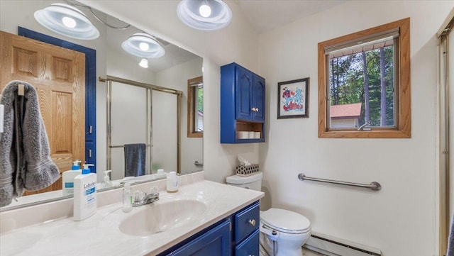 13956 Hardy Lake Rd SW, Pillager, MN 56473 - full bathroom featuring baseboard heating, a stall shower, vanity, and toilet