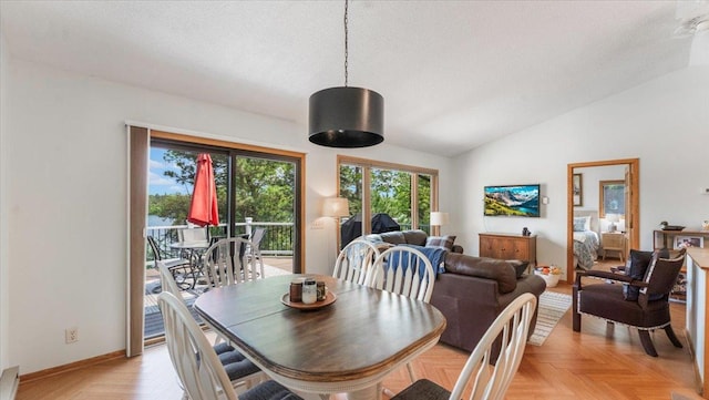 13956 Hardy Lake Rd SW, Pillager, MN 56473 - dining room featuring vaulted ceiling, a textured ceiling, and baseboards