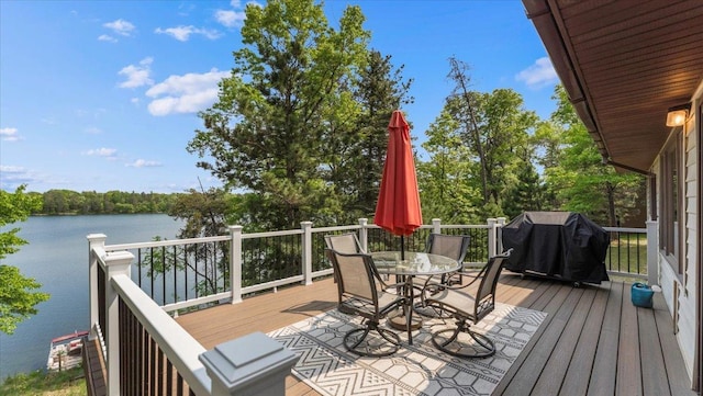 13956 Hardy Lake Rd SW, Pillager, MN 56473 - deck with a water view, area for grilling, and outdoor dining space