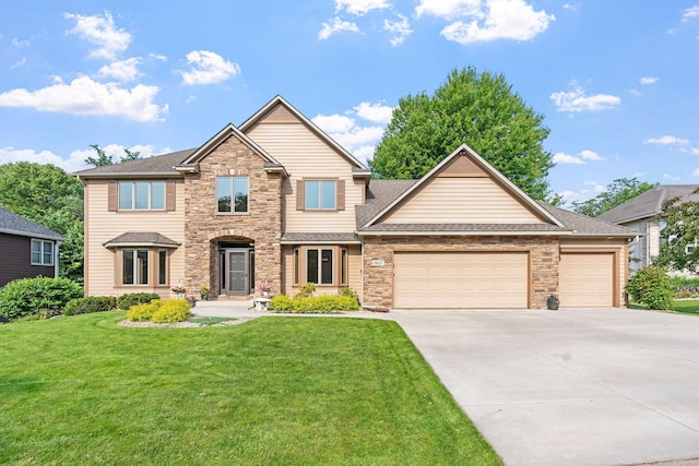 6617 Orchid Ln N, Maple Grove, MN 55311 - craftsman-style home with stone siding, concrete driveway, a garage, a front lawn, and a shingled roof