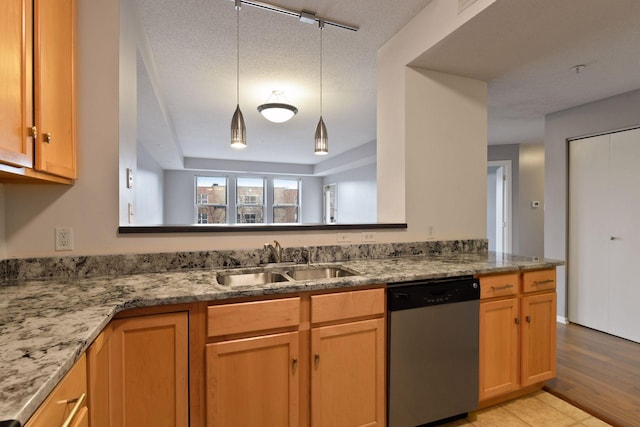 560 2nd St Unit 302, Minneapolis, MN 55401 - kitchen with stainless steel dishwasher, a sink, light stone countertops, decorative light fixtures, and light wood finished floors