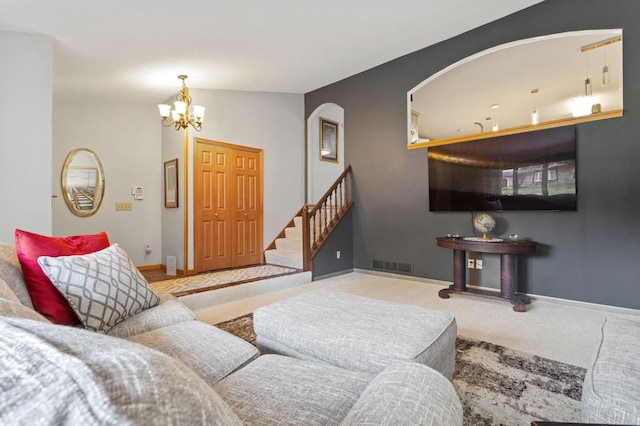4910 Upper 148th Ct, Apple Valley, MN 55124 - living area featuring carpet, a chandelier, arched walkways, stairs, and vaulted ceiling
