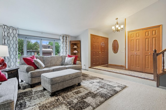 4910 Upper 148th Ct, Apple Valley, MN 55124 - carpeted living room with a chandelier and vaulted ceiling