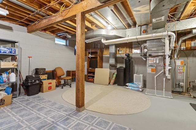 4910 Upper 148th Ct, Apple Valley, MN 55124 - unfinished basement with water heater, heating unit, concrete block wall, and a water softener