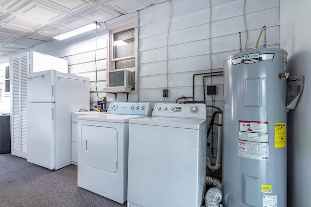 27326 Cloverleaf Ln, Everts Twp, MN 56515 - washroom featuring electric water heater, washer and clothes dryer, carpet floors, an ornate ceiling, and cooling unit