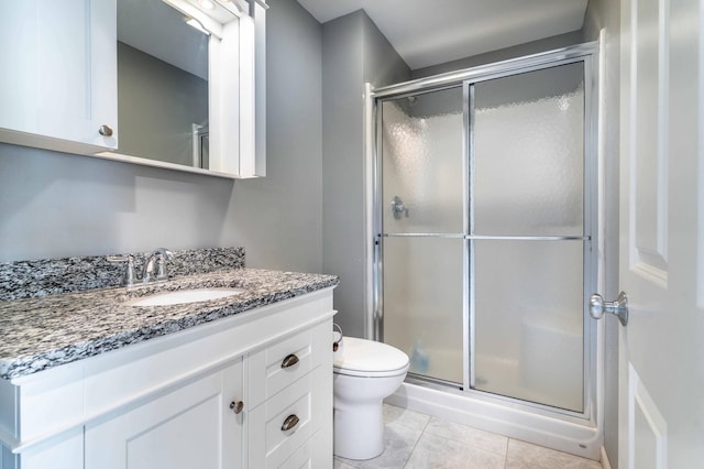 27326 Cloverleaf Ln, Everts Twp, MN 56515 - bathroom featuring vanity, toilet, a stall shower, and tile patterned floors
